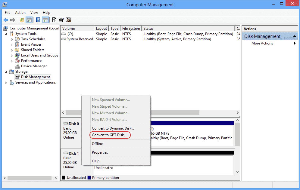Convert MBR to GPT using Disk Management