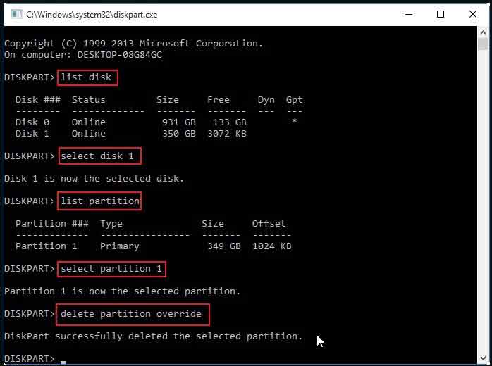 Delete partition using DiskPart override command