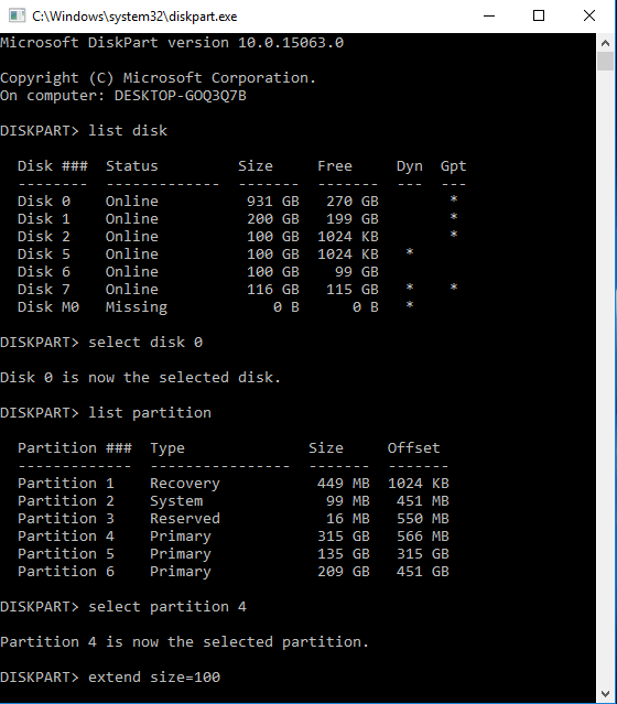 Diskpart to resize partition on Windows 10