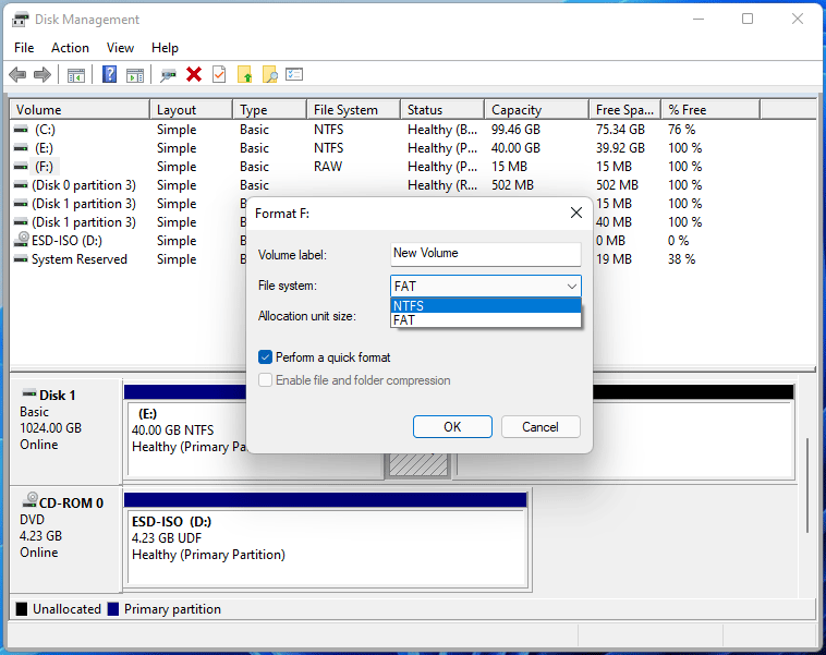 volume size too small format fat