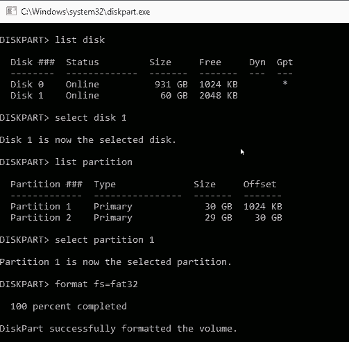 Format FAT32 Using Diskpart