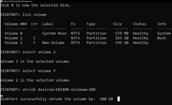 shrink volume diskpart shrink