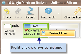 Right-click C drive to extend